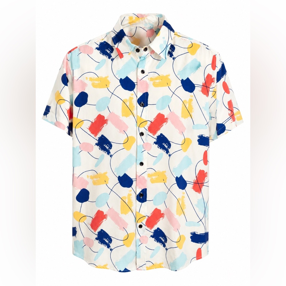 Men's White Short-Sleeve Abstract Brushstroke Button-Down Shirt